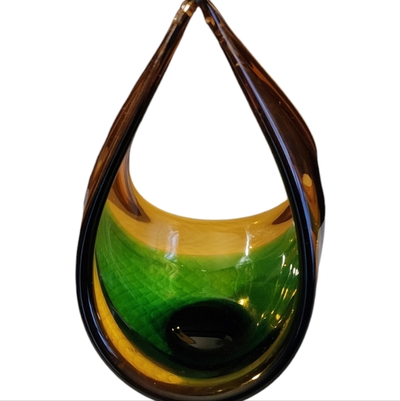 Vintage Italian Norleans Amber Green Hand Blown Glass Basket/Vase - Picture 1 of 5